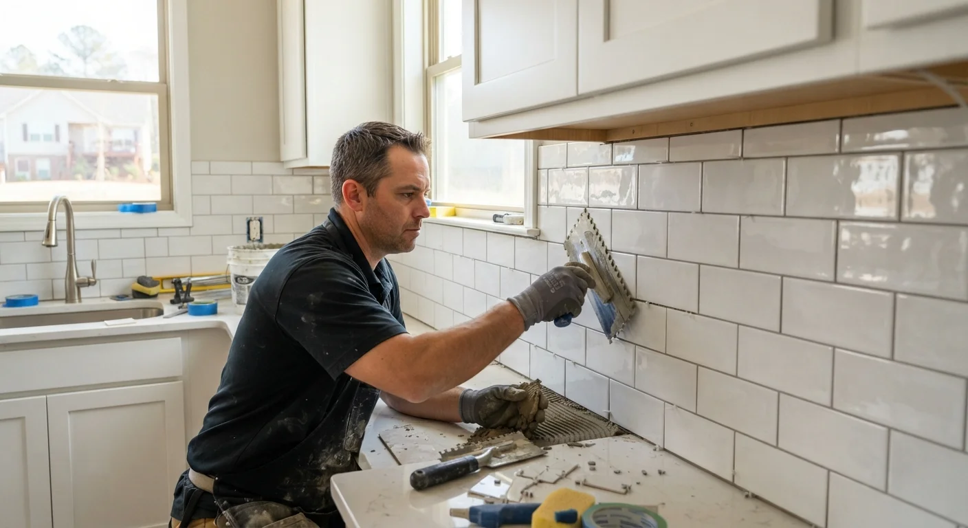 Close up of tile backsplash installation