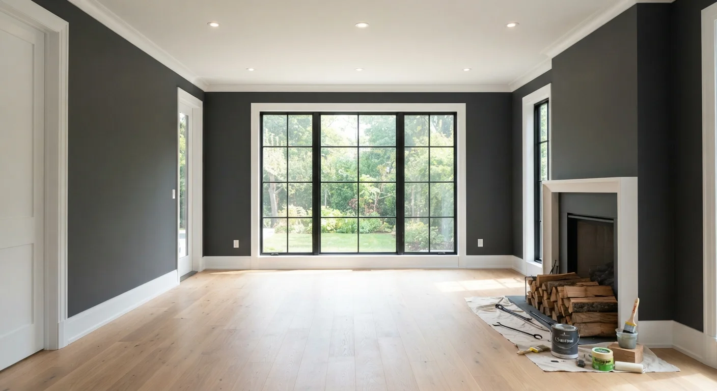 A newly painted modern living room featuring crisp white trim and flawless charcoal accent walls.