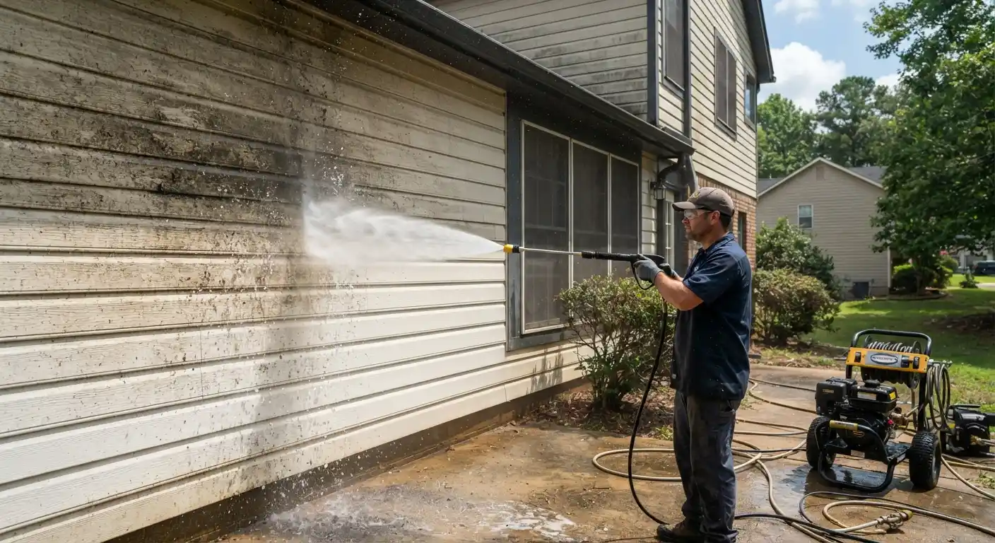 Close-up of pressure washing dirty siding